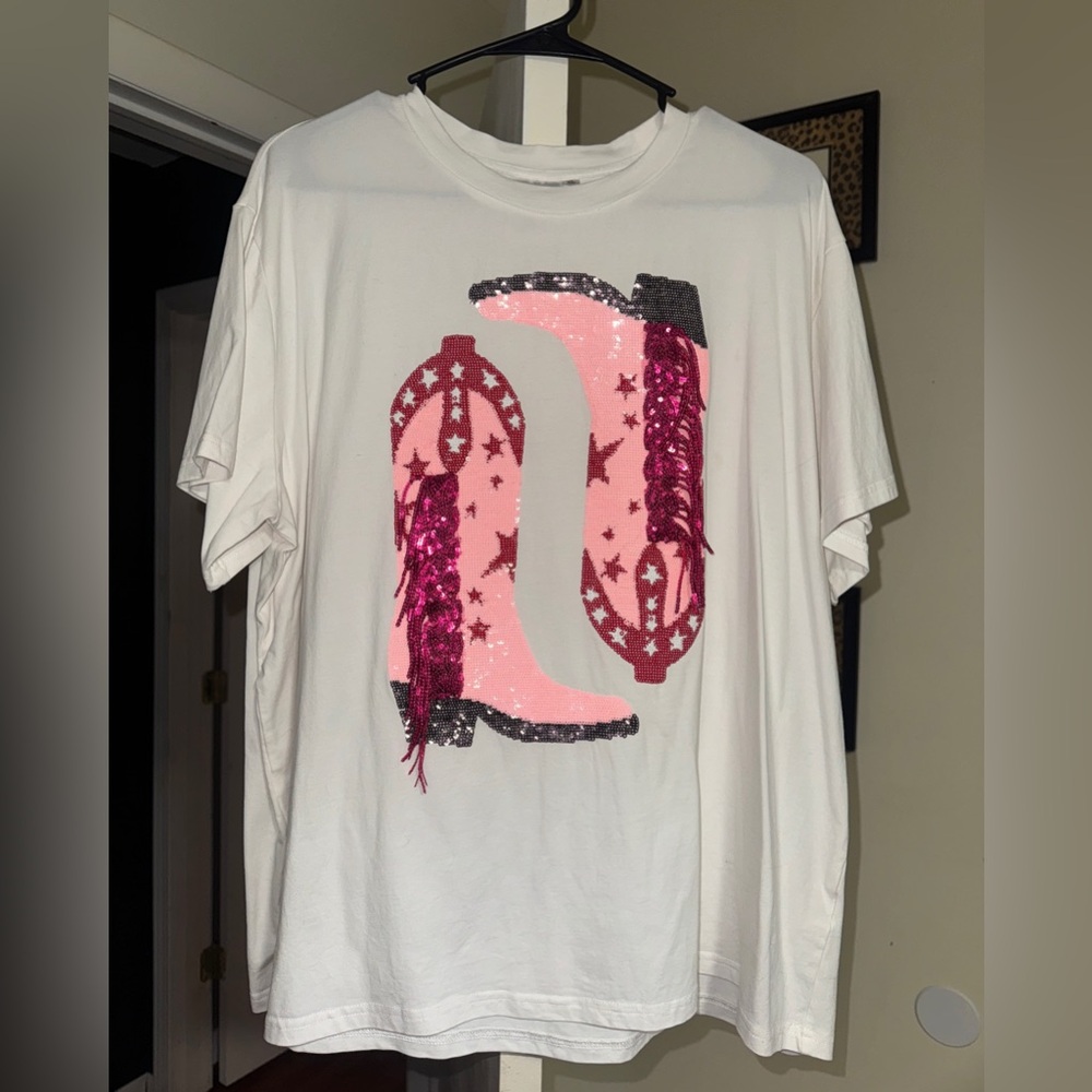 QUEEN OF SPARKLES Pink Cowboy Boot Shirt with sequins and tassels